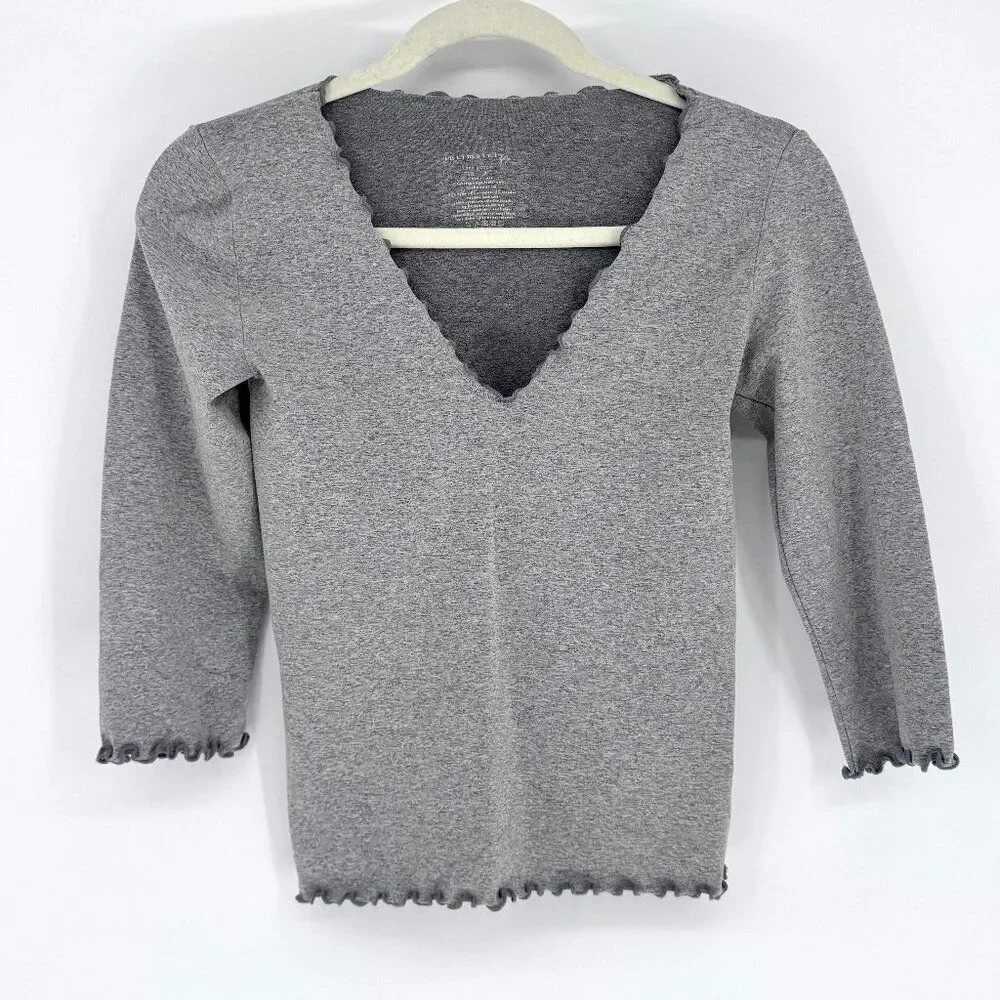 Intimately Free People Gray Ruffle Edge V-Neck Long Sleeve Top M/L